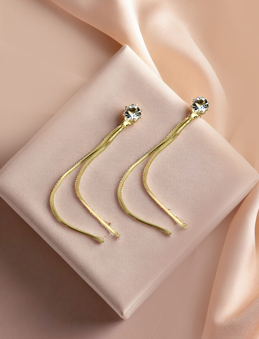 Long Crystal Tassel Gold Pin Earrings