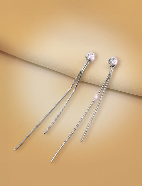 Long Crystal Tassel Silver Pin Earrings