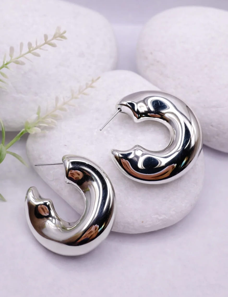 Silver Crescent Hoops Earrings