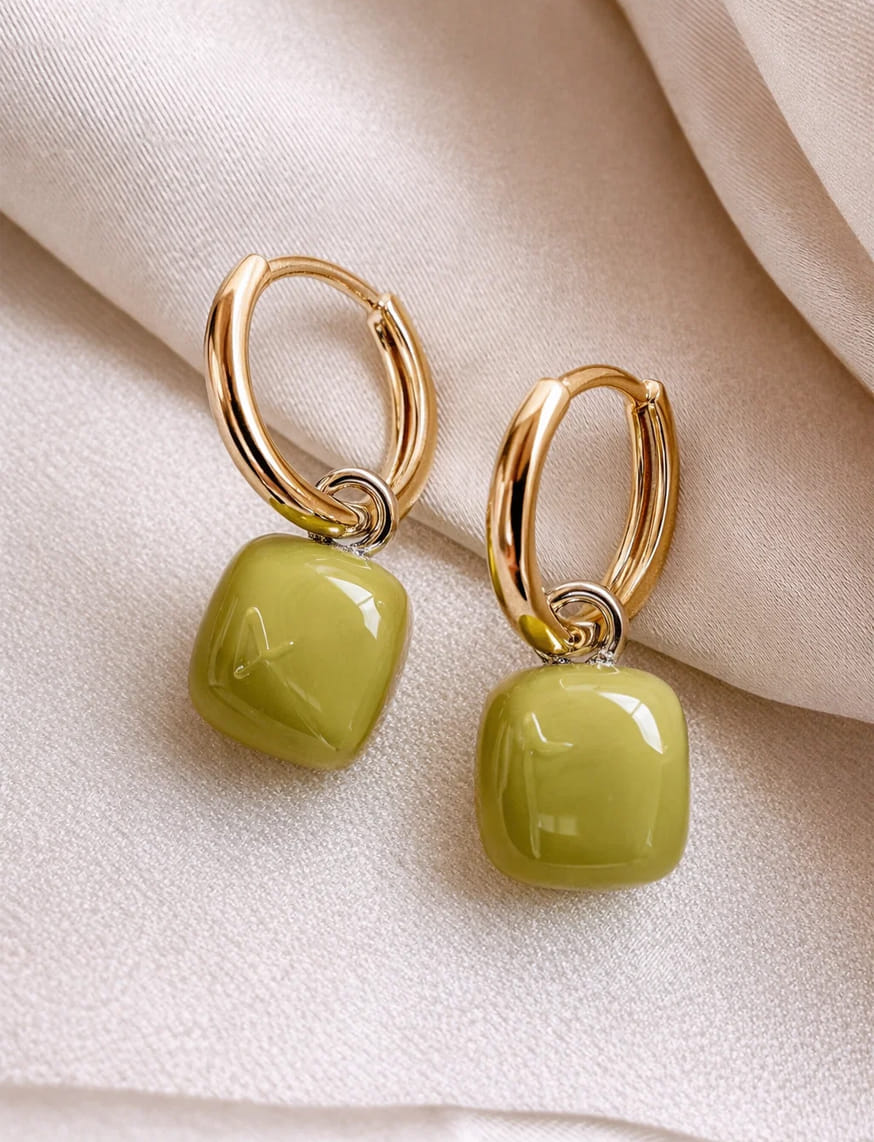 Enamel Green Square Hoop Earrings
