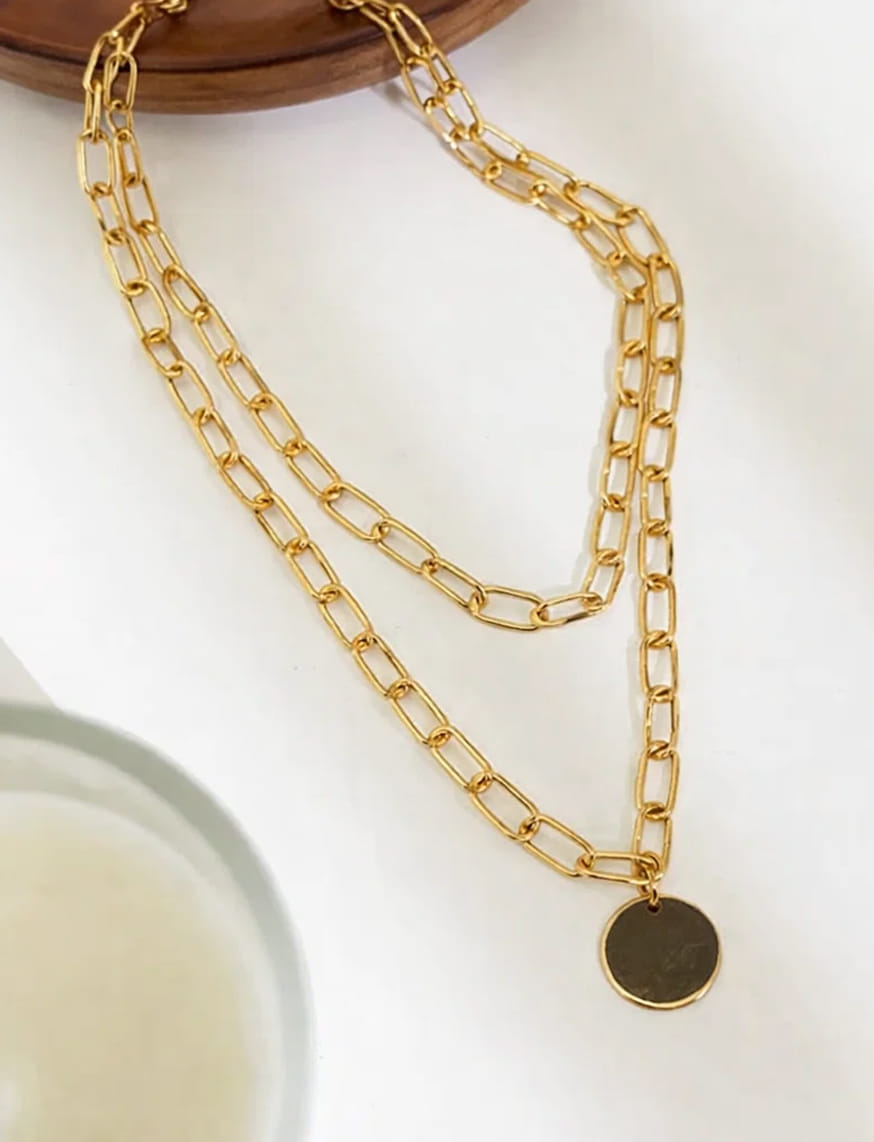 Chain Link Gold Halo Pendant Gold Necklace