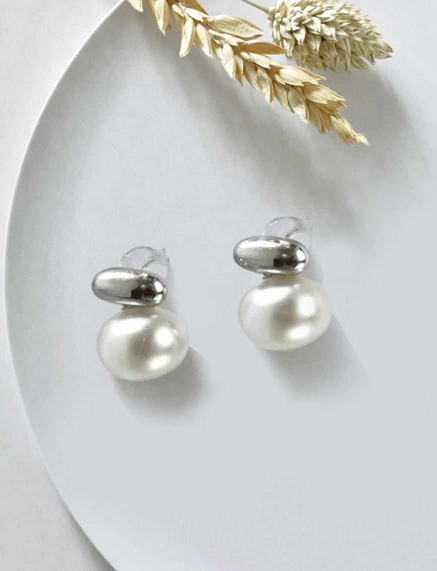 Silver Opulent Pearl Duo Pin Earrings