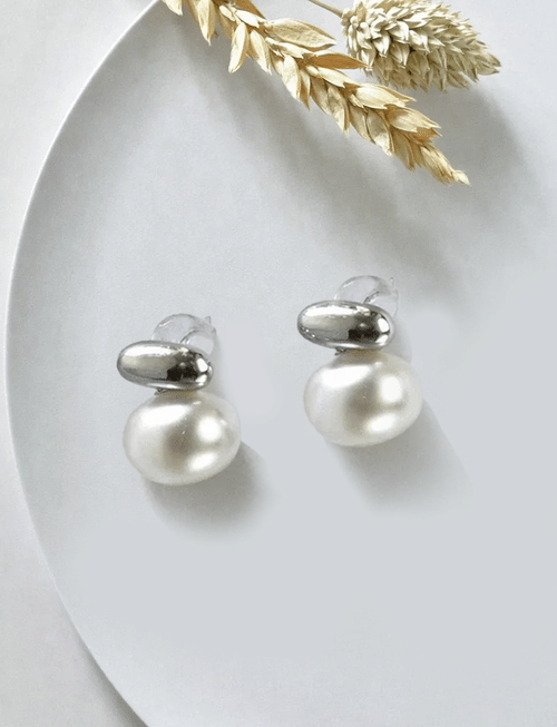Silver Opulent Pearl Duo Pin Earrings