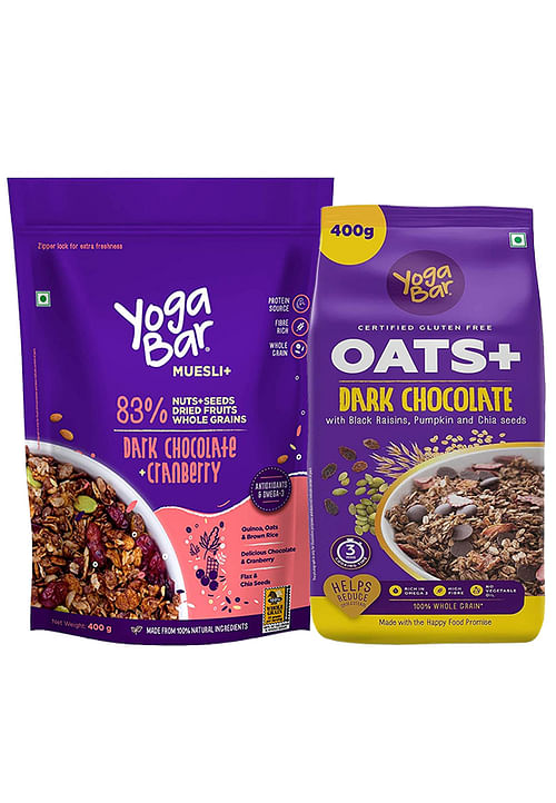 Yogabar Dark Chocolate Oats Combo - Gluten Free Whole Oatmeal for Breakfast  - Healthy Breakfast Cereal for Children and Adults - Makes Milk Fun for