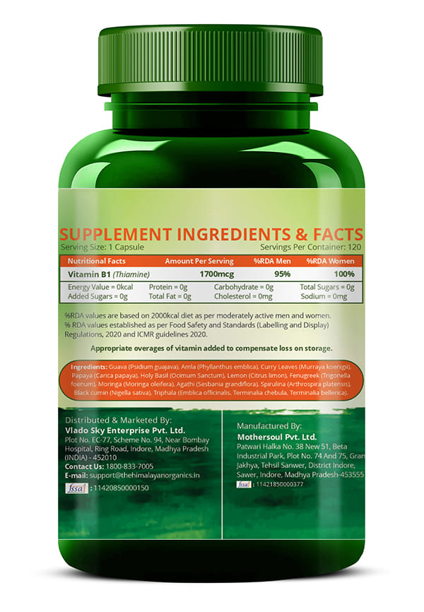 Vlado's Himalayan Organics Plant-Based Vitamin B1 | Rich in Antioxidants | Supports Memory And Energy (120 Capsules) – thumbnail 4