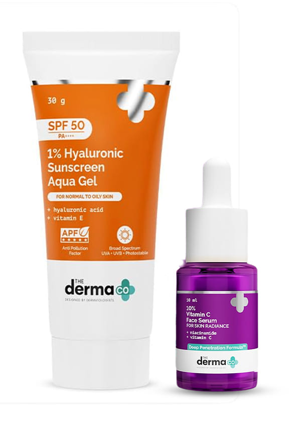 The Derma Co Hyaluronic Sunscreen & Vitamin C Serum Combo SPF 50+ for All Skin Types, Glowing Skin