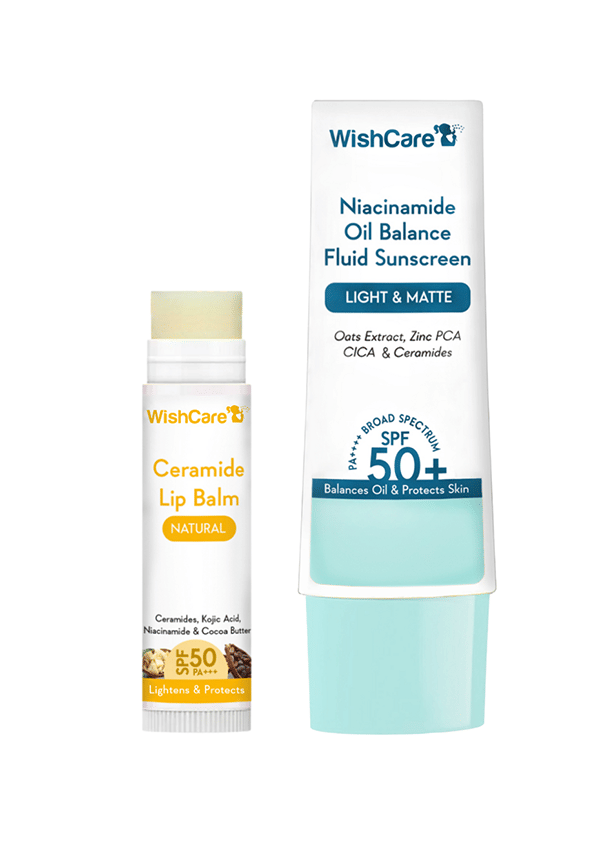 WishCare SPF 50 Combo | Niacinamide Oil Balance Fluid Sunscreen & Ceramide SPF 50 Lip Balm