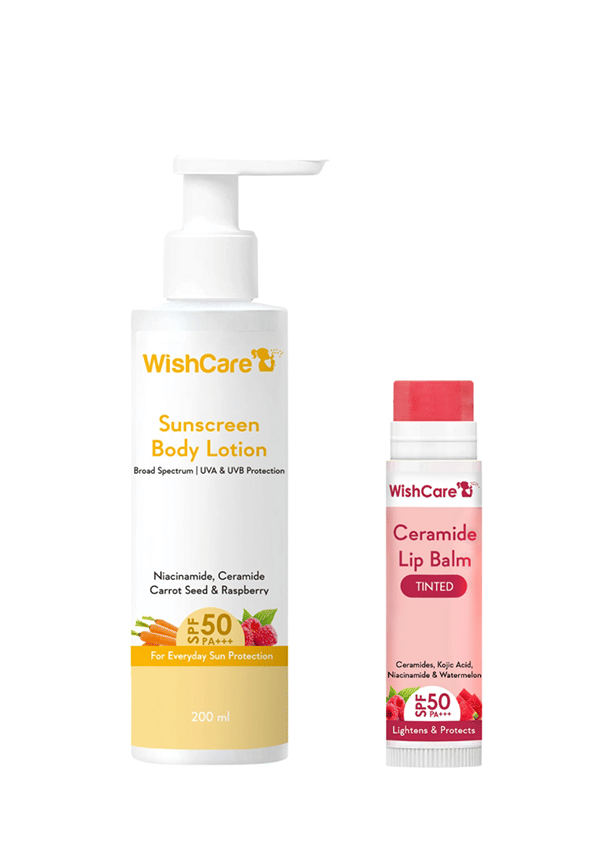 WishCare SPF 50 Sun Protection Combo |Sunscreen Body Lotion & Tinted Ceramide Lip Balm
