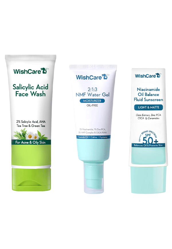 WishCare Oil Control Skincare Routine | Salicylic Acid Facewash, NMF Water Gel Moisturizer & SPF Niacinamide Oil Balance Fluid Sunscreen