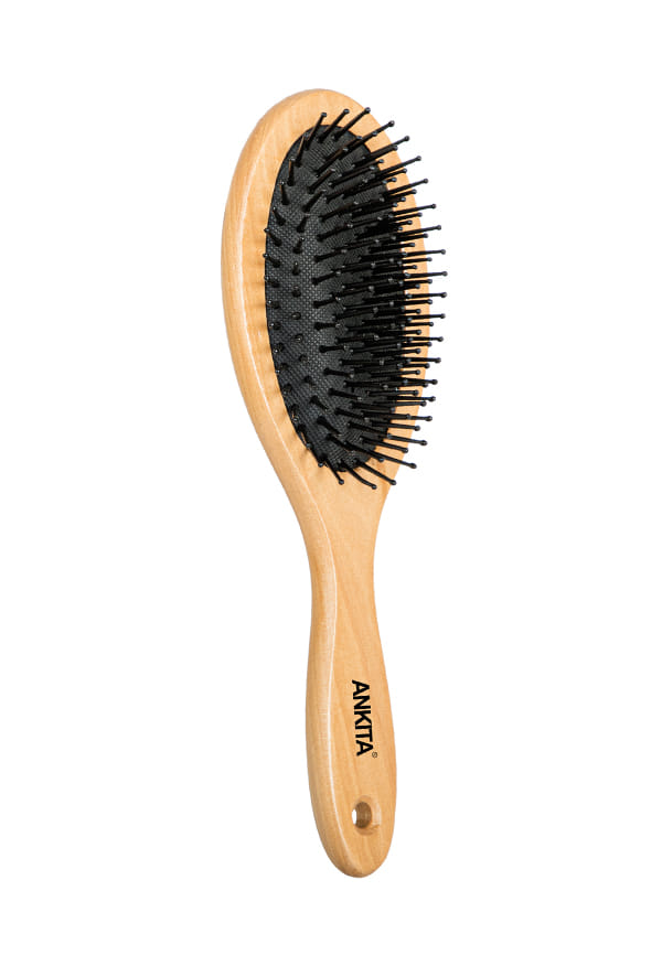 Wooden Narrow Oval Hair Brush with Nylon Bristle & Cushion Paddle