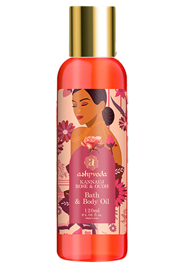 Kannauj Rose & Oudh After Bath & Body Oil | Essential Ayurvedic Herb Enriched Massage Oil for Body Face and Skin (120 ml)