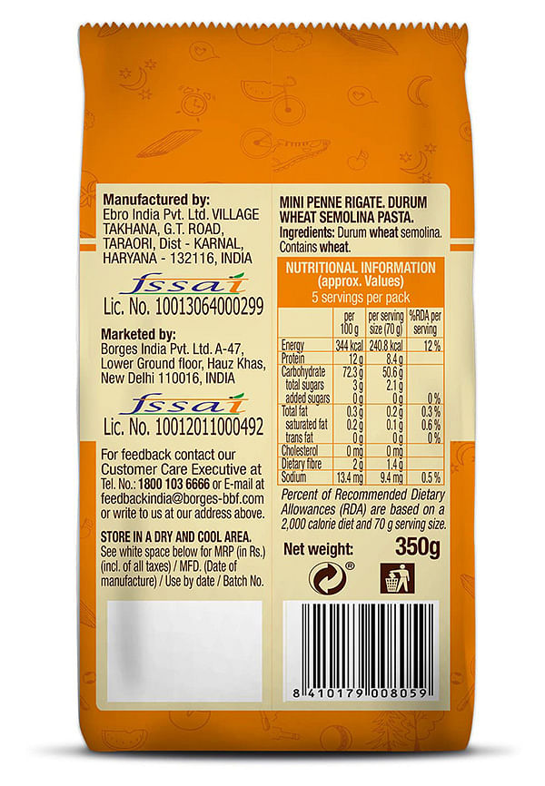 BORGES Durum Wheat Pasta - Mini Penne Rigate, 350 g Pouch