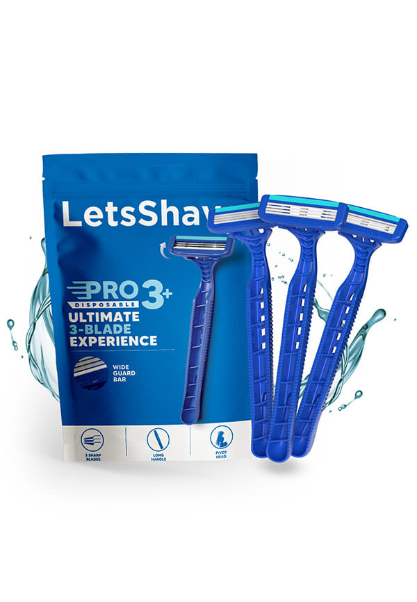 LetsShave Pro 3 Plus Disposable Shaving Razors for Men, Pack of 3, Stainless Steel, Razor with Rubber Grip Handle & Safety Cap, Open Flow Hair Remover Made in South Korea, Razor for Men Face and Head