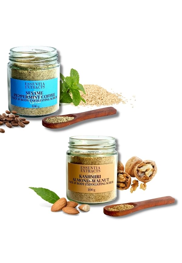 Combo of Kashmiri Almond Walnut and Sesame Peppermint Coffee Face & Body Exfoliating Scrub, 200G (100G+100G)