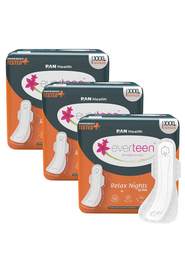 XXXL Relax Nights Ultra-Thin Overnight Sanitary Pads with Neem and Safflower, Dermatologically Tested, Heavy Flow, Best Pads for Postpartum and Maternity
