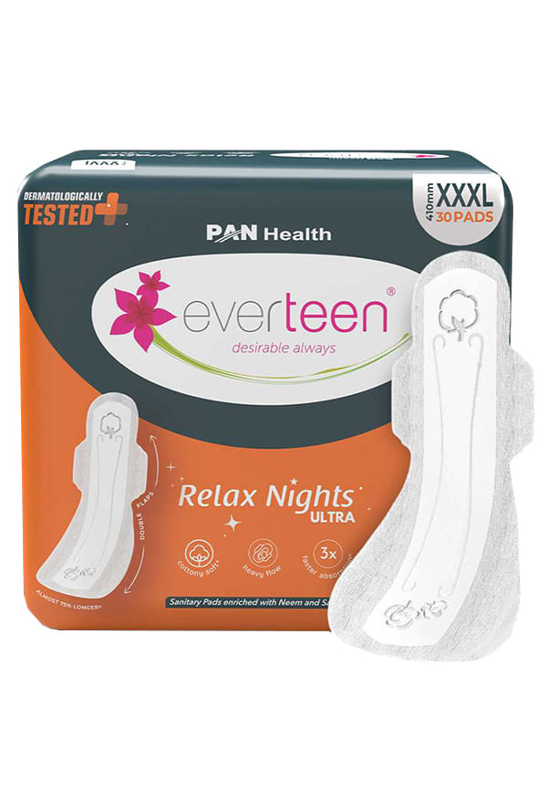 XXXL Relax Nights Ultra-Thin Overnight Sanitary Pads with Neem and Safflower, Dermatologically Tested, Heavy Flow, Best Pads for Postpartum and Maternity