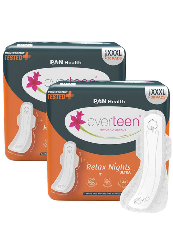 XXXL Relax Nights Ultra-Thin Overnight Sanitary Pads with Neem and Safflower, Dermatologically Tested, Heavy Flow, Best Pads for Postpartum and Maternity