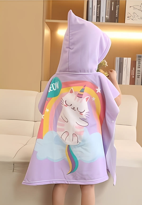 Hooded Kids Towel – Purple Cat Unicorn Design