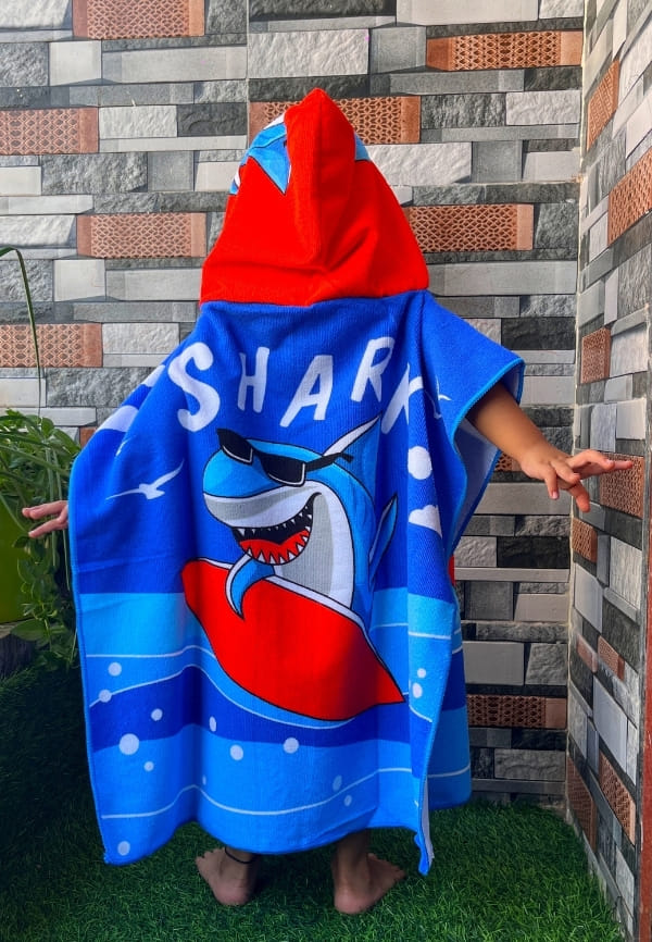 Hooded Kids Towel – Dark Blue Shark Design