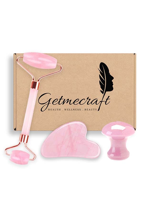 Rose Quartz Face Roller and Gua Sha Set With Rose Quartz Mushroom Gua Sha