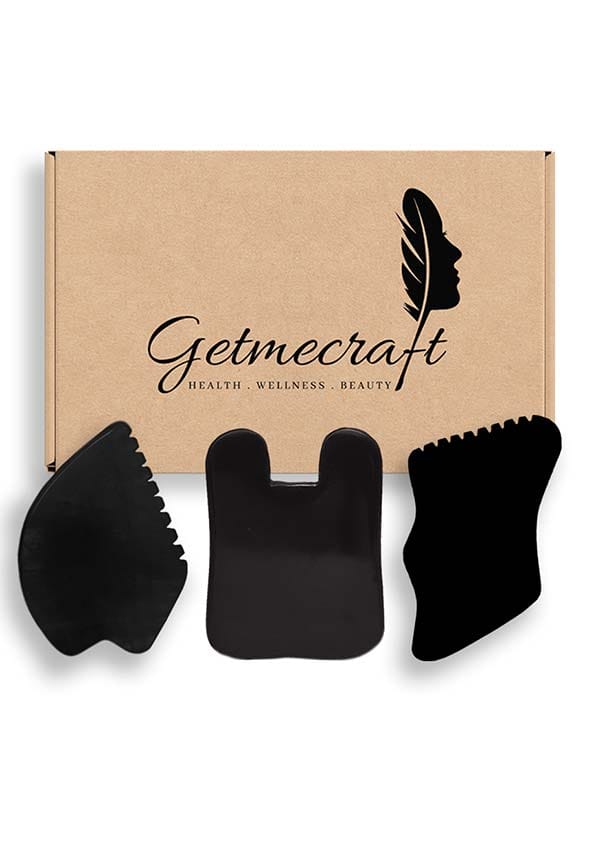 Black Obsidian Leaf Shape Gua Sha, Rabbit Ear Shape Gua Sha and Teeth Edge Shape Gua Sha Massage Tool Set