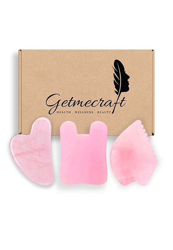 Rose Quartz Gua Sha, Leaf Shape Gua Sha and Rabbit Ear Shape Gua Sha Massage Tool Set