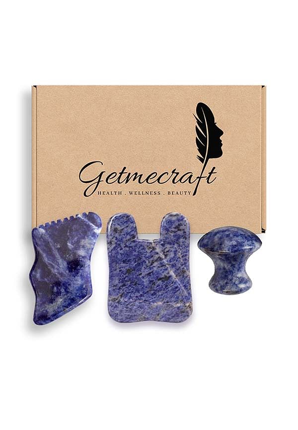Sodalite Mushroom Gua Sha, Rabbit Ear Shape Gua Sha and Teeth Edge Gua Sha Massage Tool Set