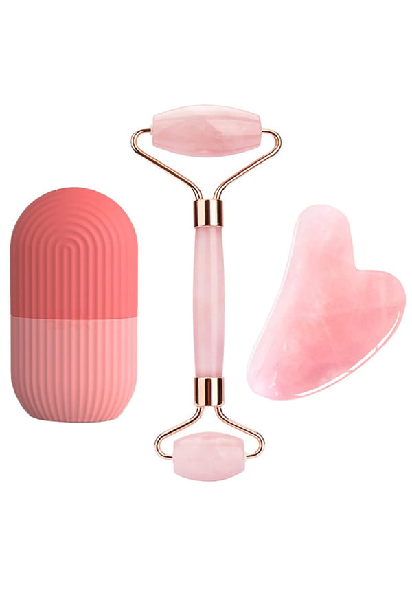 Rose Quartz Roller and Gua Sha Face Massager with Ice Roller