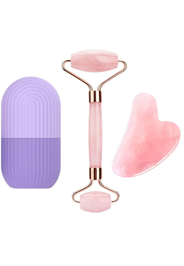 Rose Quartz Roller and Gua Sha Face Massager with Ice Roller