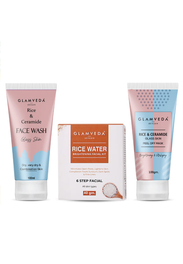Rice & Ceramide Korean Glass Skin Combo Gift Pack | Face Wash, Facial Kit & Peel Off Mask