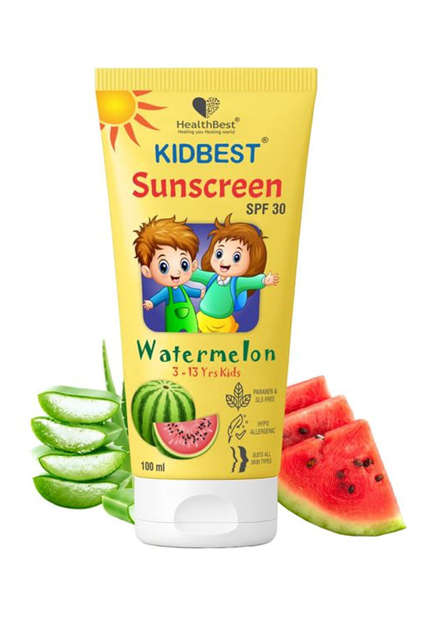 HealthBest Kids Sunscreen SPF 30, PA+++ Prevents Tanning, Vegan Hydrates All Skin Types Tear, Paraben, SLS free, Watermelon Flavor - 100ml