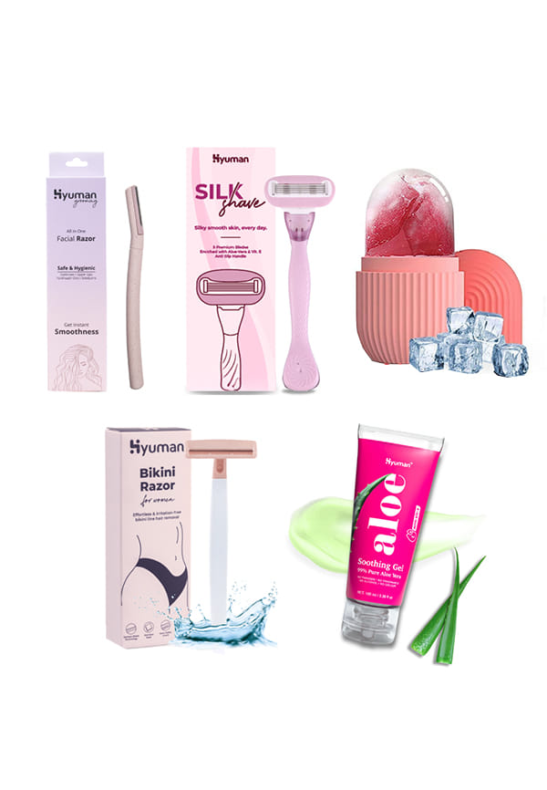 Grooming Combo - Face Razor + SilkShave Razor + Ice Roller + Bikini Razor + Aloevera Gel