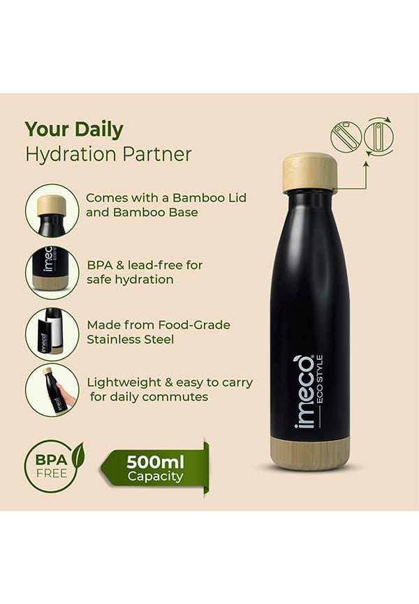 ECO STYLE Stainless Steel Water Bottle with Bamboo Base – thumbnail 2