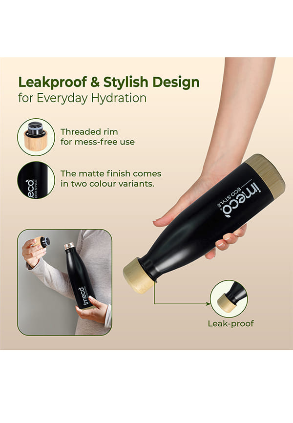 ECO STYLE Stainless Steel Water Bottle with Bamboo Base – thumbnail 3