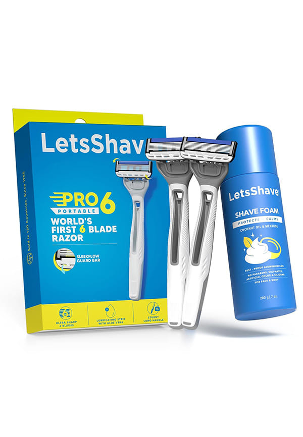 LetsShave Pro 6 Portable Shaving Trial Kit for Men, 2 Razors+Shaving Foam (200g), World's first 6 Blade Disposable Razor, Value kit, Shaving Set for Men