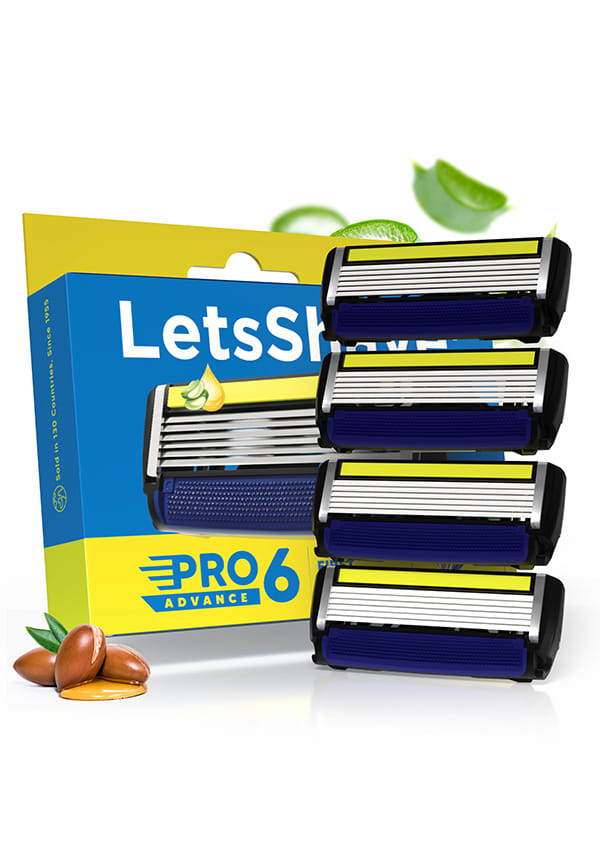 LetsShave Pro 6 Advance Manual Shaving Razor Blades Refills (Cartridge), Pack of 4, World's First 6-Blade & Precison Back Blade with Argan Oil & Aloe Vera Infused Moisture Bar, Blades for Men