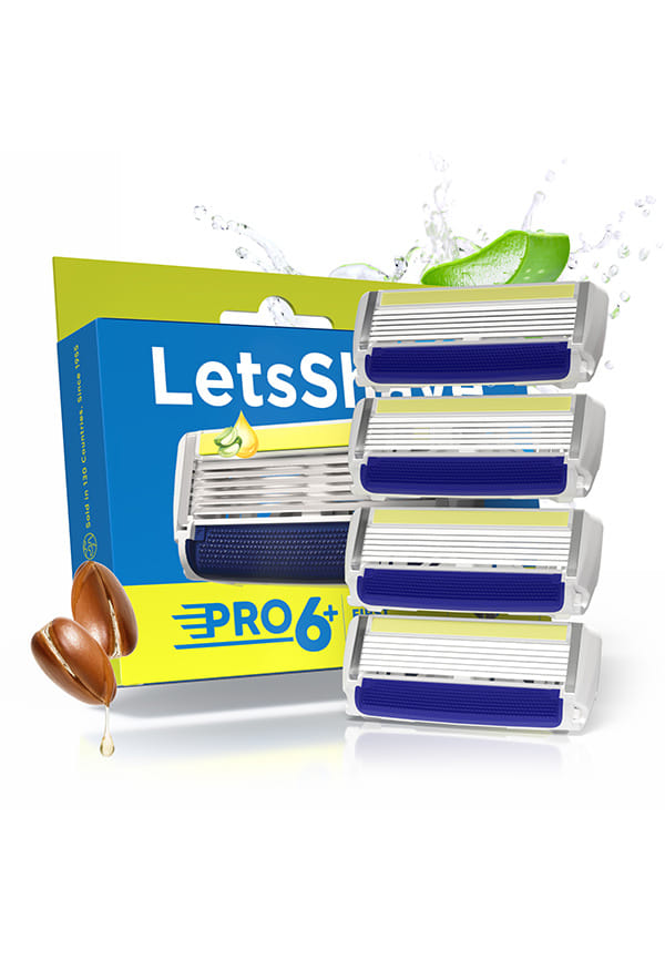 LetsShave Pro 6 Plus Lite Manual Shaving Razor Blades Refills (Cartridge), Pack of 4, World's First 6-Blade & Precison Back Blade with Argan Oil & Aloe Vera Infused Moisture Bar, Blades for Men