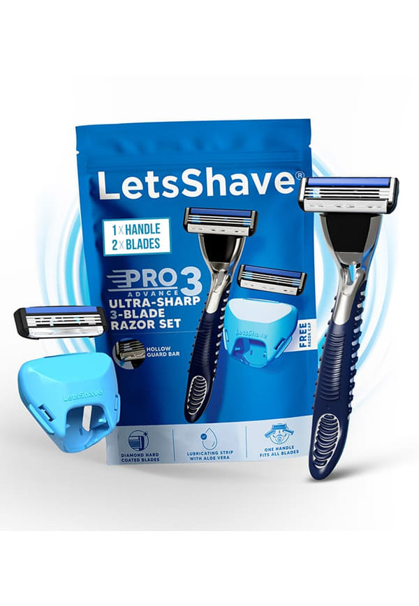 LetsShave Pro 3 Shaving Value Set Razor for Men with 4 Blades & 1 Handle + Razor Cap, Ultra Sharp 3 Blade Razor, Face & Head Shaving Kit