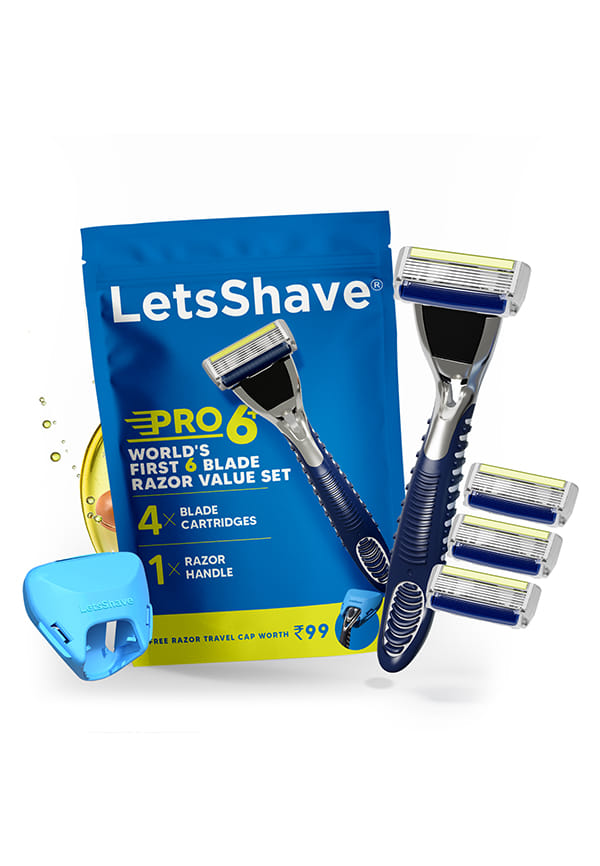 LetsShave Pro 6 Plus Shaving Razor Value Set, 4 Blades 1 Handle + Razor Cap, World's First 6-Blade with Precision Back Blade, Argan Oil & Aloe Vera Infused moisturizing strip, Shaving Kit