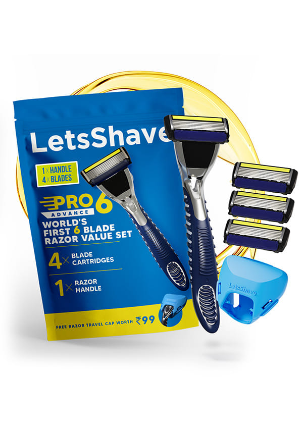 LetsShave Pro 6 Advance Shaving Razor Value Set with 4 Blades 1 Handle + Razor Cap, World's First 6-Blade Razor with Precision Back Blade Argan Oil & Aloe Vera Infused moisturizing strip, Shaving Kit LetsShave Pro 6 Advance Shaving Razor Value Set with 4 Blades 1 Handle + Razor Cap, World's First 6-Blade Razor with Precision Back Blade Argan Oil & Aloe Vera Infused moisturizing strip, Shaving Kit