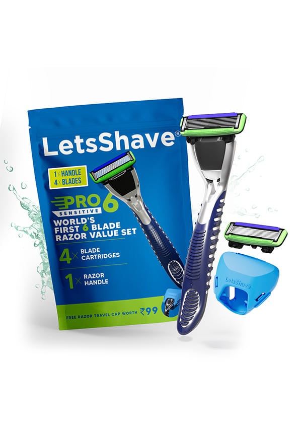 LetsShave Pro 6 Sensitive Shaving Razor Value Set, 4 Blades 1 Handle + Razor Cap, World's First 6-Blade Razor with Precision Back Blade Argan Oil & Aloe Vera Infused moisturizing strip, Shaving Kit