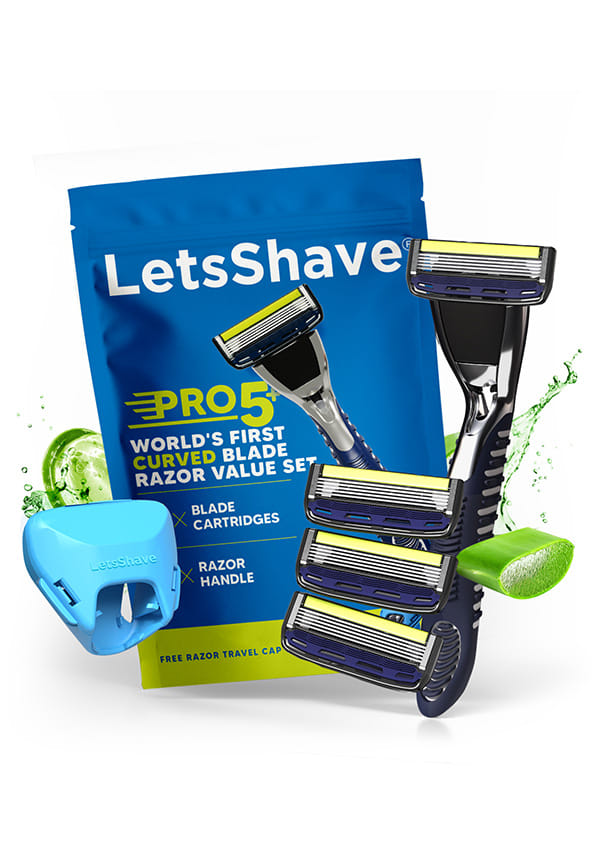 LetsShave Pro 5 Shaving Value Set Razor for Men with 4 Blades & 1 Handle + Razor Cap, World's First Curved Blade Razor, Face & Head Shaving Kit