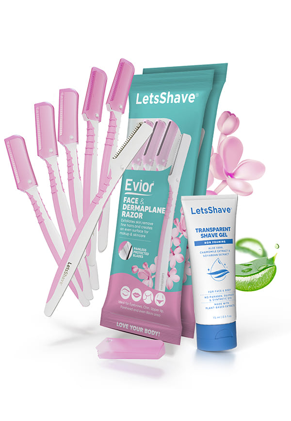 LetsShave Evior Face & Eyebrow Razor For Women - Pack of 6 + Free Transparent Shave Gel 15ml | Skin-Safe Hair Removal Razors | For Eyebrows, Upper Lip, Forehead, Peach Fuzz | 300 Days of Dermaplaning LetsShave Evior Face & Eyebrow Razor For Women - Pack of 6 + Free Transparent Shave Gel 15ml | Skin-Safe Hair Removal Razors | For Eyebrows, Upper Lip, Forehead, Peach Fuzz | 300 Days of Dermaplaning