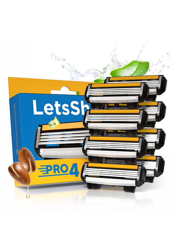 LetsShave Pro 4 Manual Shaving Razor Blades Refill (Cartridges), Pack of 8, World's First Ultra Sharp 4 Blade with Rubber Guard & Open Flow Architecture, Blades for Men
