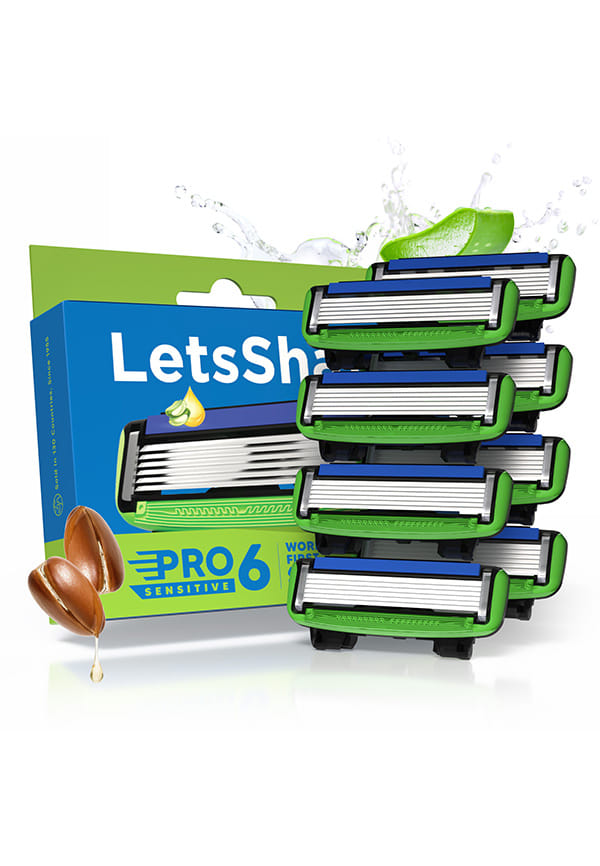 LetsShave Pro 6 Sensitive Manual Shaving Razor Blades Refills (Cartridge), Pack of 8, World's First 6-Blade & Precison Back Blade with Argan Oil & Aloe Vera Infused Moisture Bar, Blades for Men