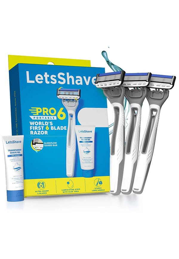 LetsShave Pro 6 Portable Razor for Men, Pack of 6 + 1 Transparent Shave Gel 15ml World's First 6 Blade Disposable Shaving-Razor Set, Shaving set