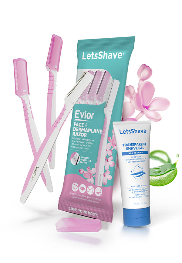 LetsShave Evior Reusable Facial Razor for Women - Pack of 3 + 1 Transparent Shave Gel 15ml | Skin-Safe Pen Razors | for Eyebrows, Upper Lips, Chin & Sideburns | 150 Days of Dermaplaning