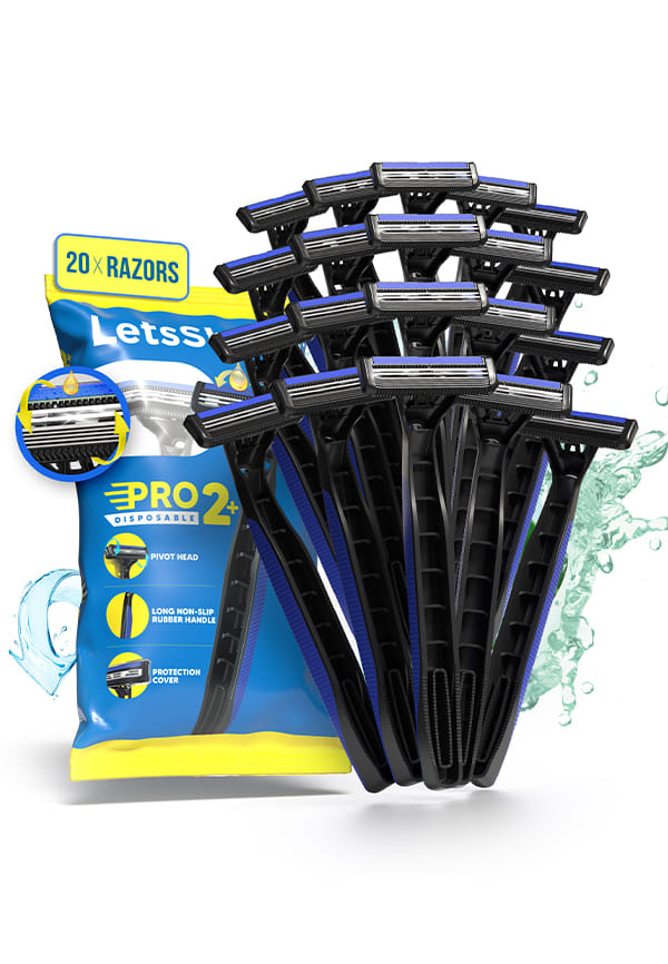 LetsShave Pro 2 Plus Disposable Shaving Razor For Men, Pack of 16 + 4 Free, Stainless Steel Shaving Blade Made In South Korea, Open Flow Twin Razor Blade With Pivot Head and Safety Cap | Manual Shaving Razor for Men