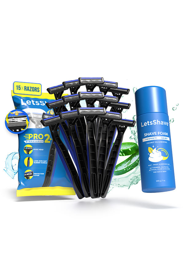 LetsShave Pro 2 Plus Disposable Razor for Men - Pack of 15 + Shave Foam | Twin Stainless Steel Blade Disposable Razor with Pivoting Head | Made in South Korea | Open Flow Cartridge with Safety Cap