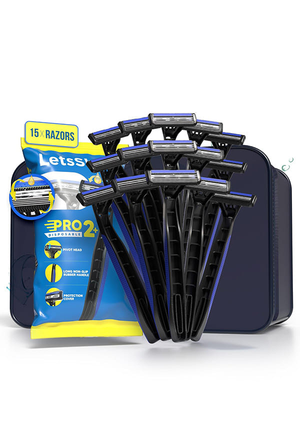 LetsShave Men Pro 2 Plus Disposable Shaving Razor | Stainless Steel Made In South Korea | Open Flow Twin Razor Blade With Pivot Head and Safety Cap | Hair Remover | Pack Of 15 + Travel Pouch